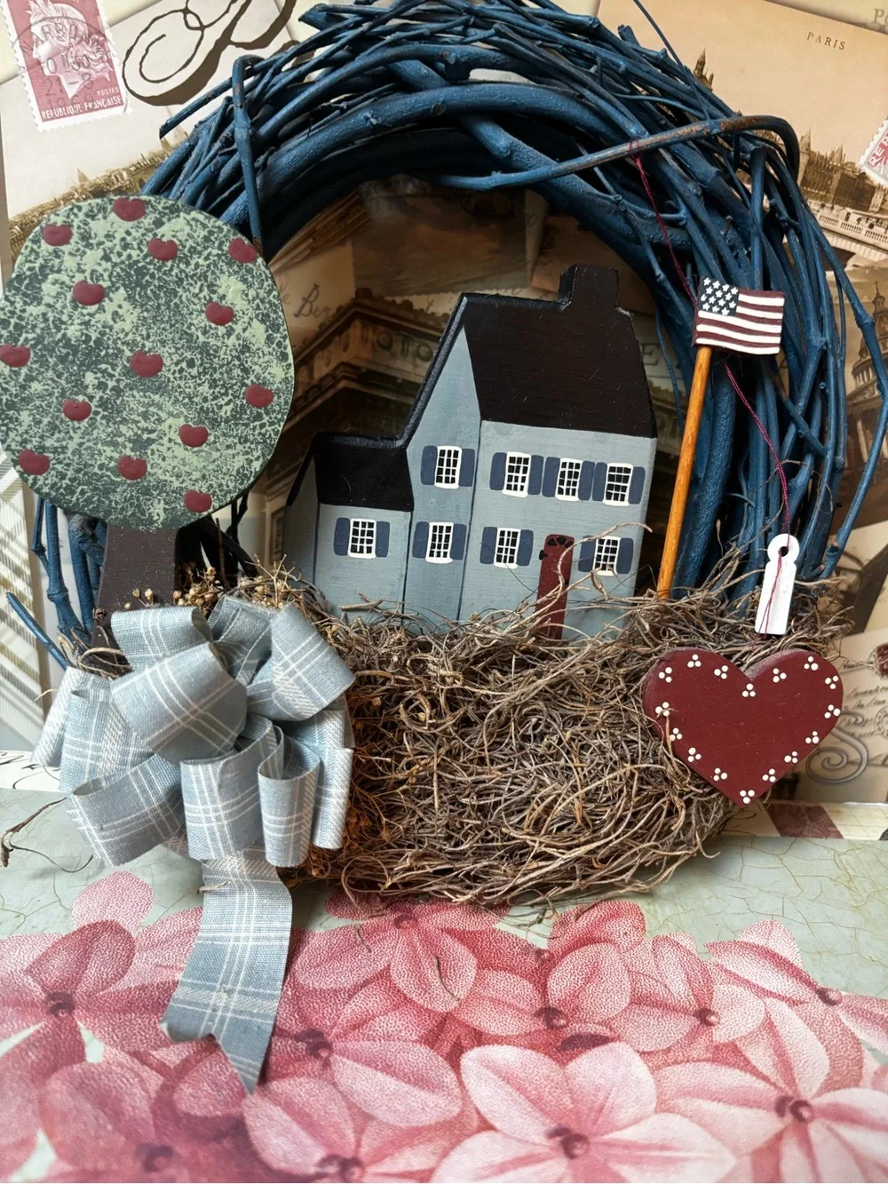 Patriotic Blue Grapevine Home Wreath with House and Tree